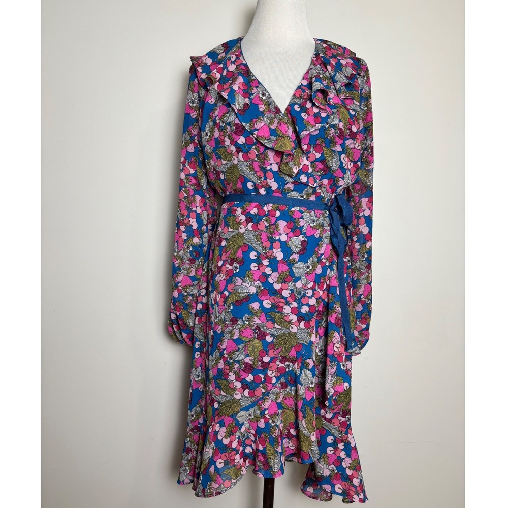 Betsey Johnson Fruit Print Ruffle Wrap Dress 6 Whimsical Garden Party Wedding‎